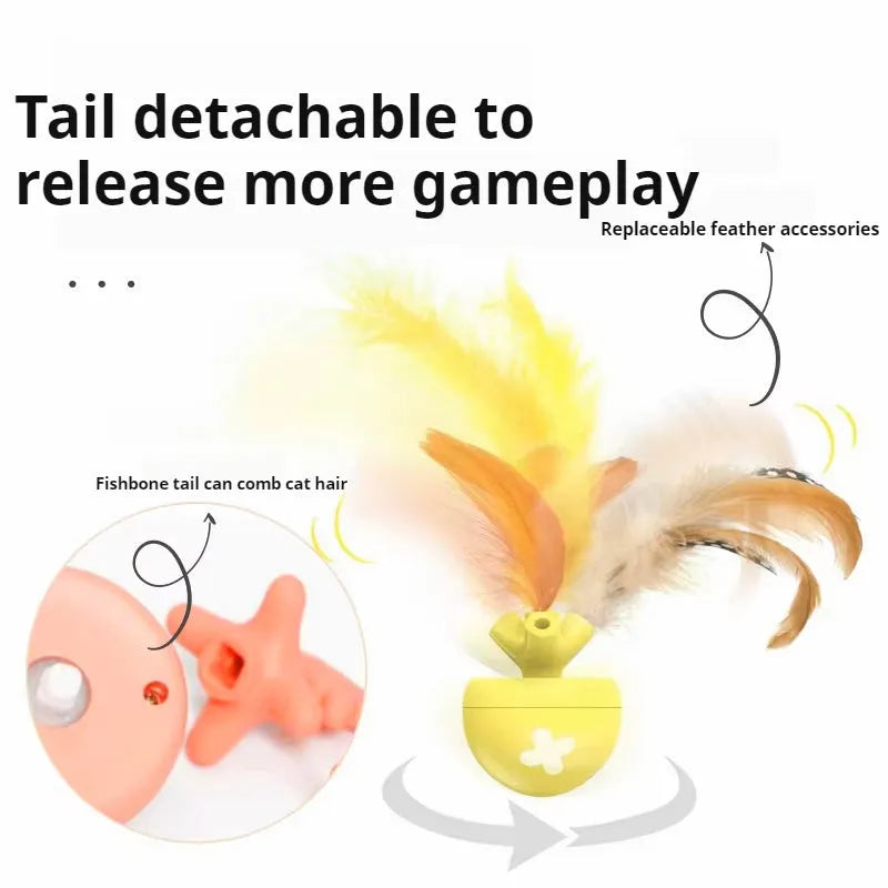 USB electric cat teasing ball with fish bone design and separate teasing stick in blue, pink, or yellow