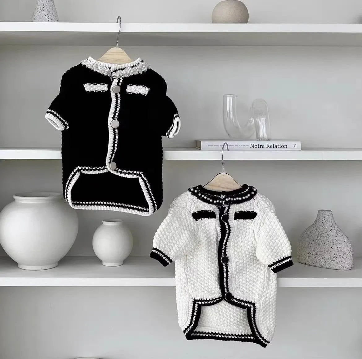 Korean style puppy clothes pearl collar sweater in black or white with princess design for dogs 0.50 kg to 7.50 kg