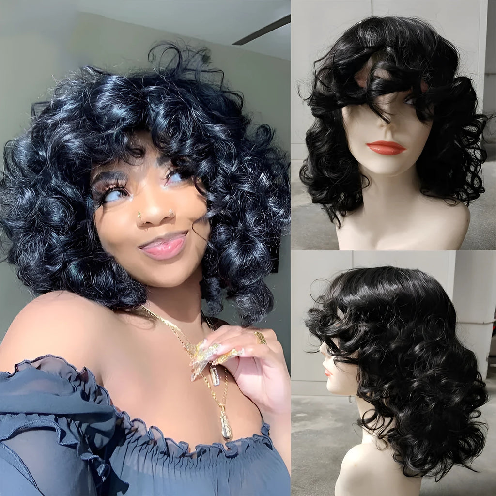 Black synthetic afro wig with long curly hair in exotic style for women
