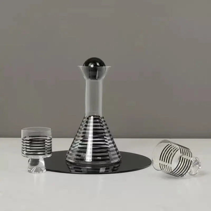 Black striped glass cold water bottle 1000ml with cover and two cups, modern simple style