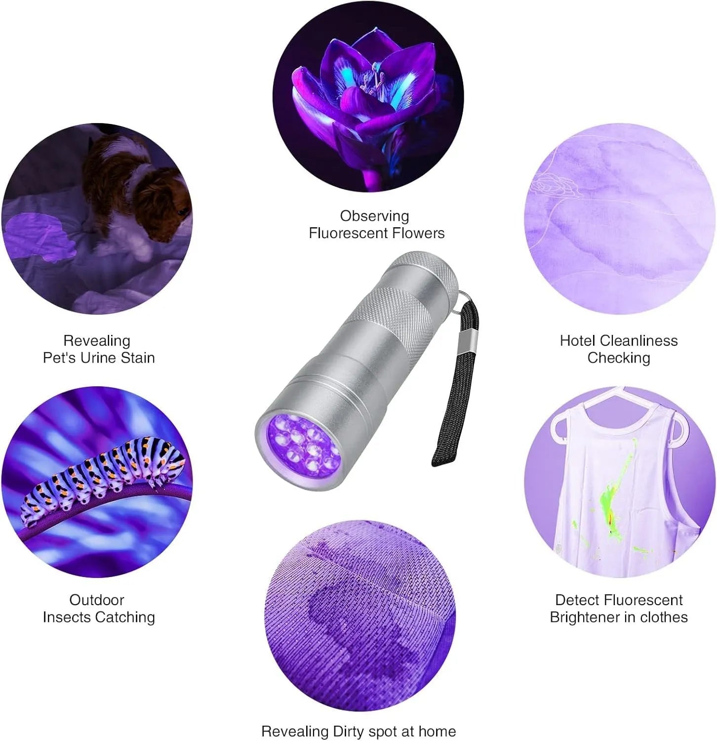 Black or silver aluminium alloy UV flashlight for detecting pet stains and insects.
