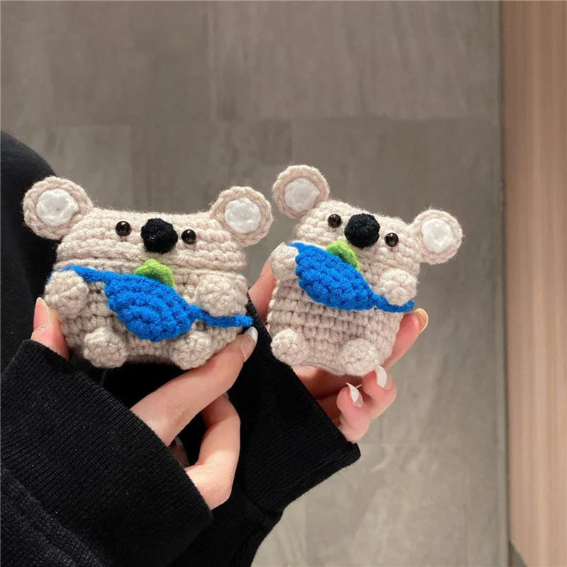 Handmade knitted koala bear backpack cover for AirPods protection with embroidered features