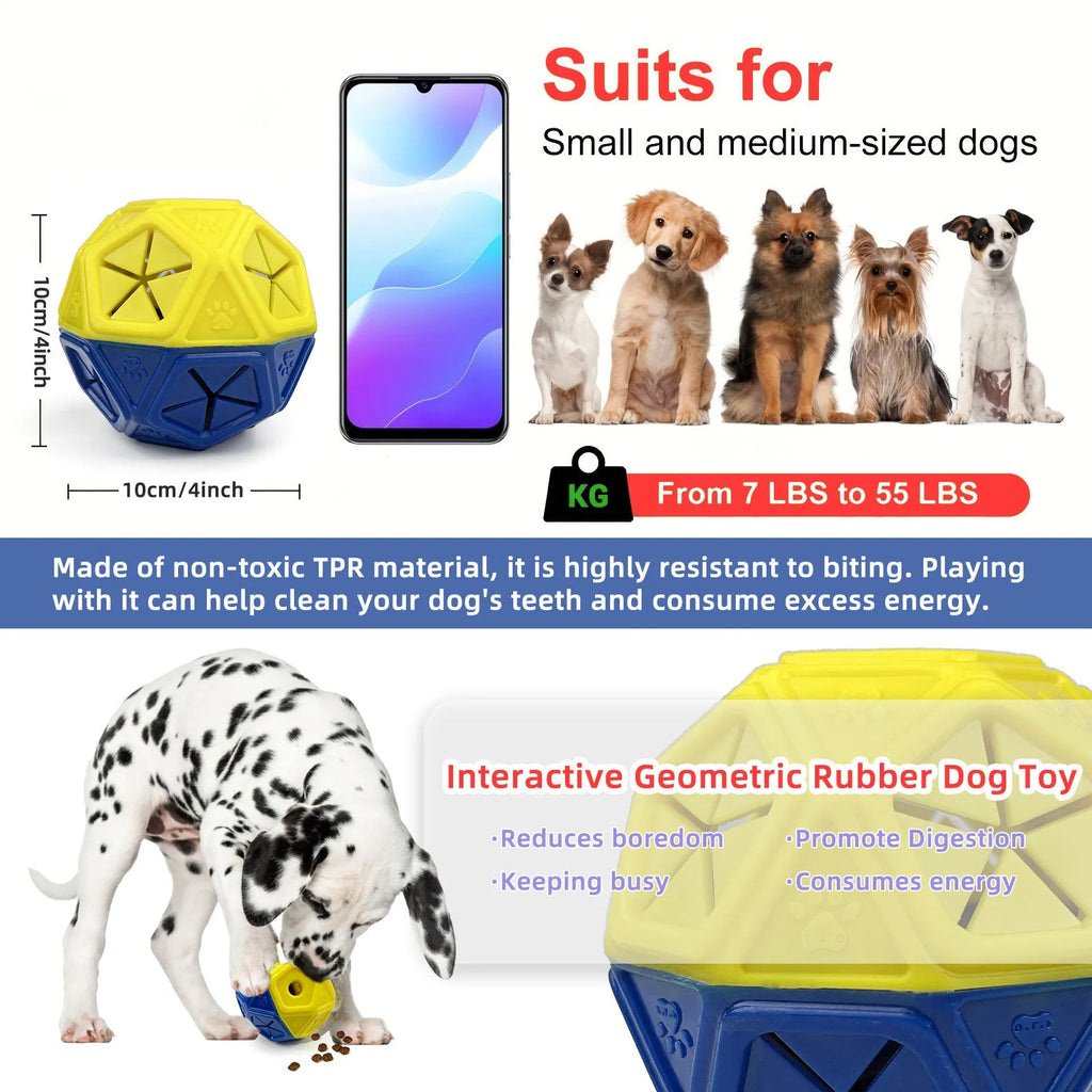 Red and blue bite-resistant rubber hollow dog toy ball for food dispensing and interactive play.