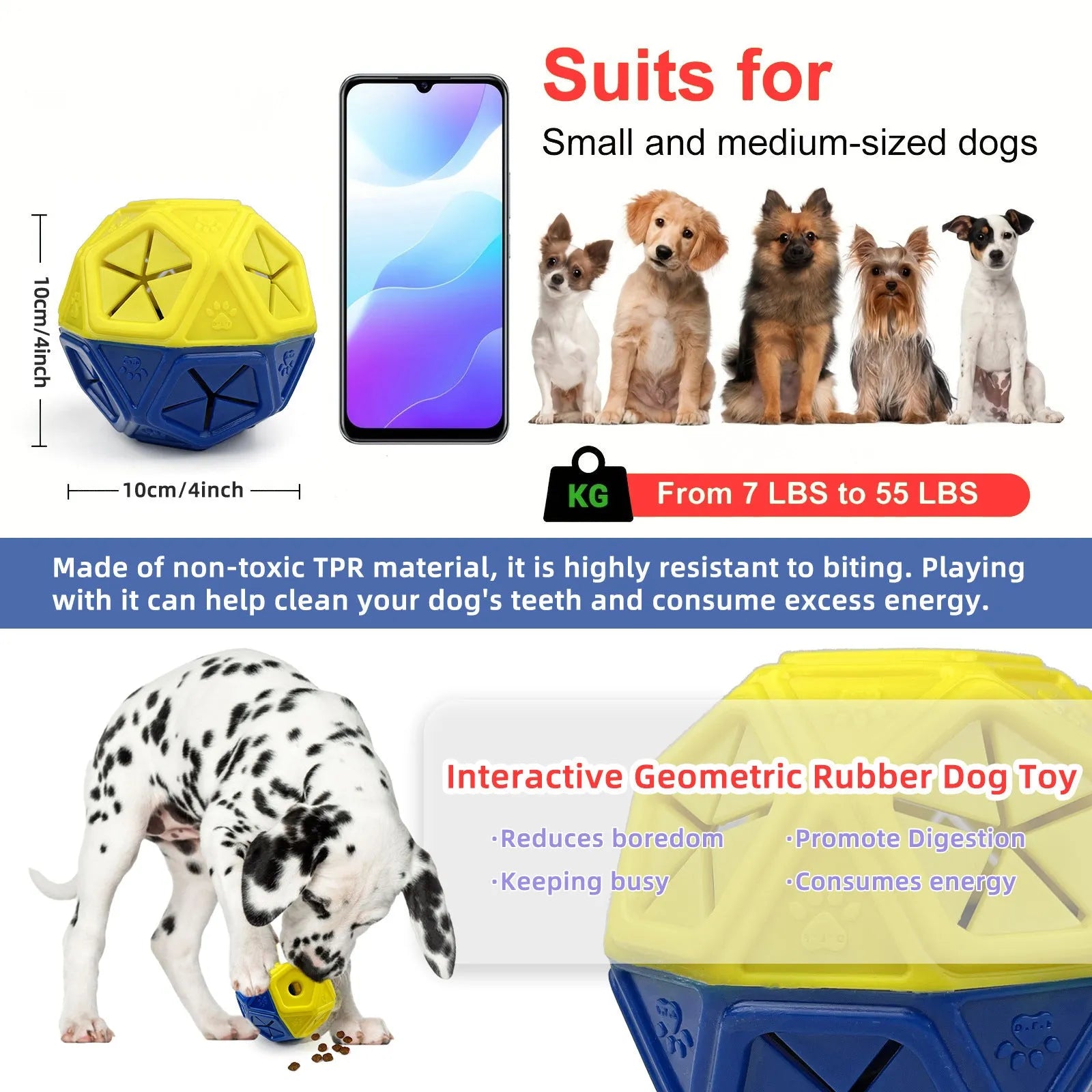 Red and blue bite-resistant rubber hollow dog toy ball for food dispensing and interactive play.