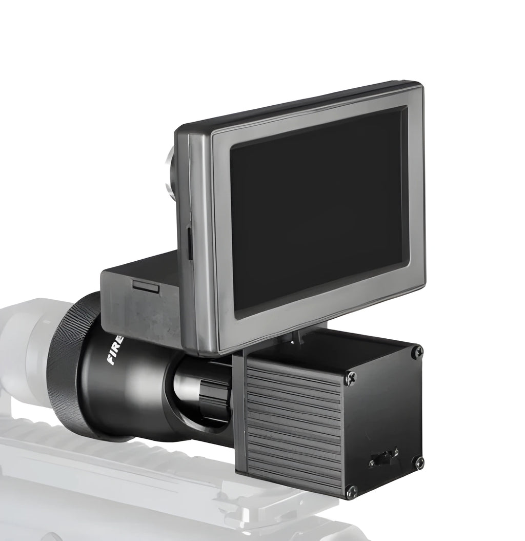Black digital night vision monocular with 4.3-inch screen, shown with two 18650 batteries.