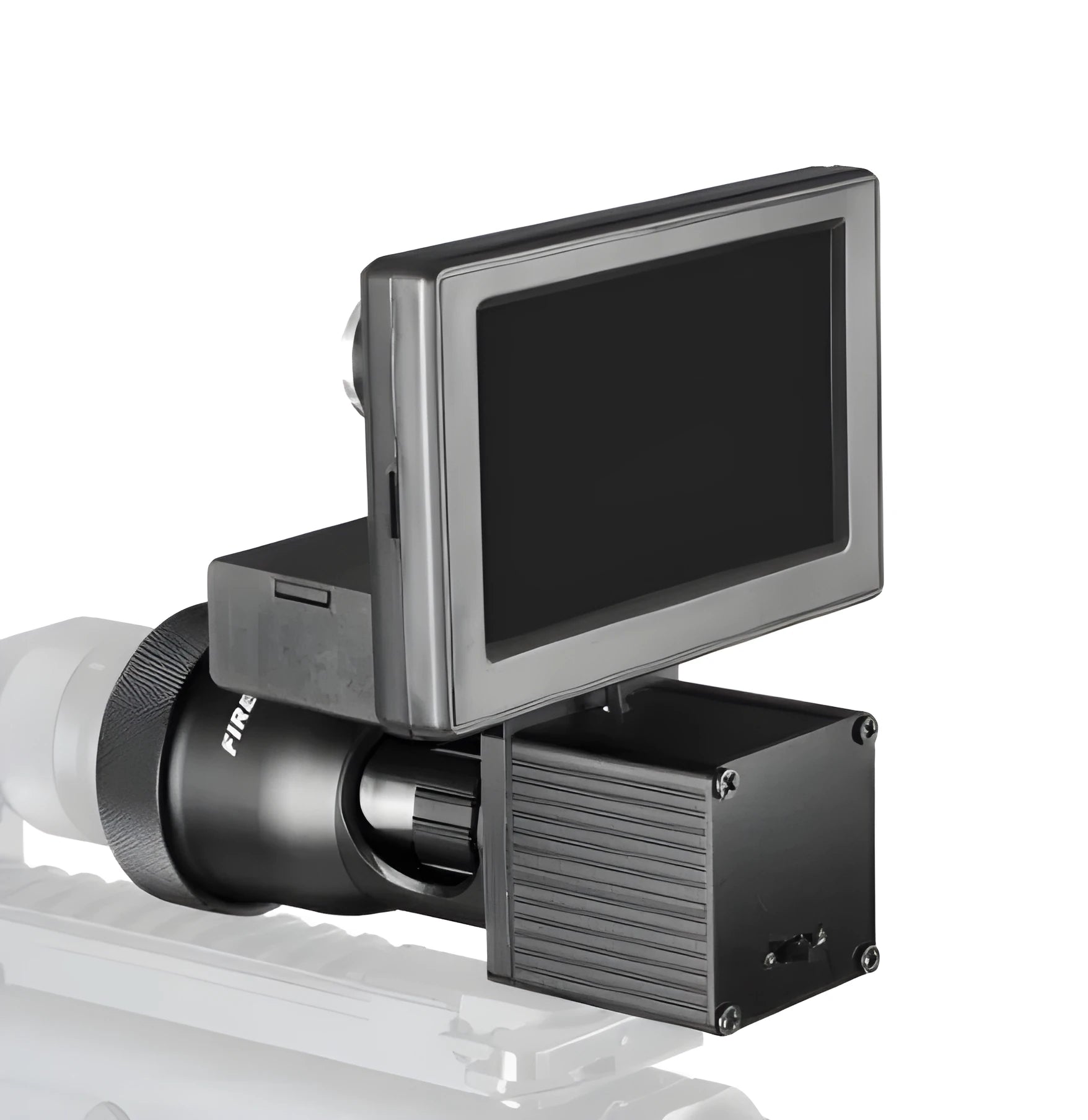 Black digital night vision monocular with 4.3-inch screen, shown with two 18650 batteries.