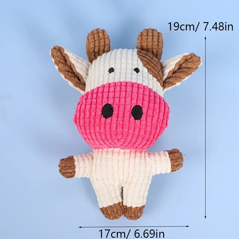 Animal-shaped plush dog chew toy with squeaker in multiple colour options