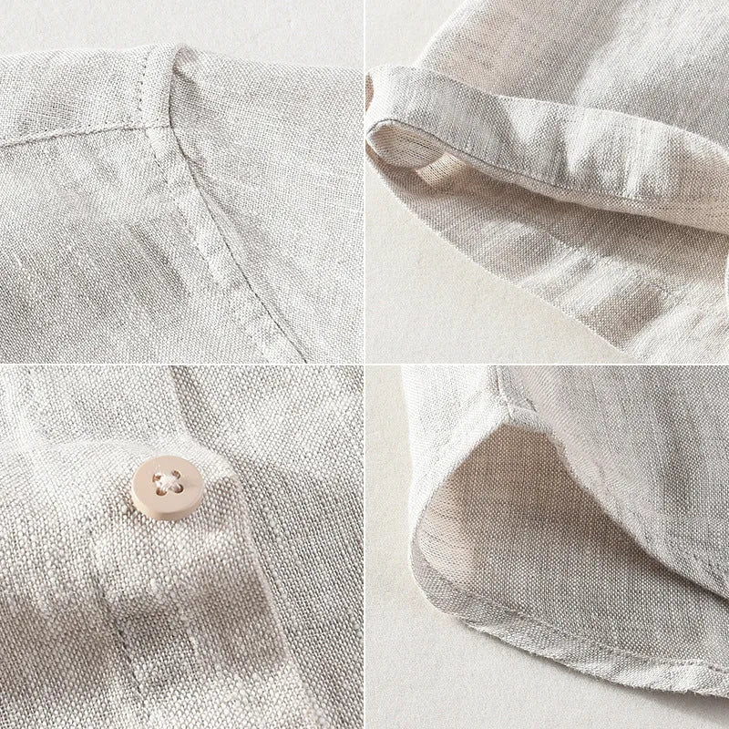 Linen short sleeve casual shirt in raw jute colour with square collar, suitable for male youth wear