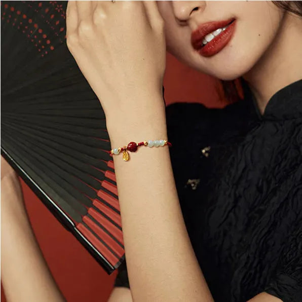 Hetian jade bracelet with cinnabar red rope on adjustable 925 silver chain