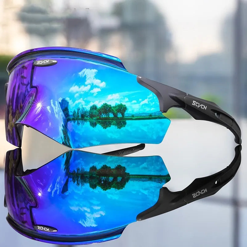Frameless athletic glasses with integrated colourful one-lens design for windproof sports protection