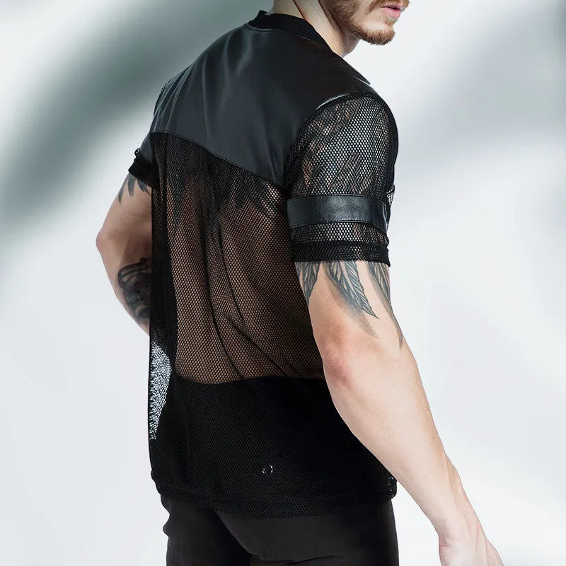 Black men's V-neck mesh sports T-shirt with short sleeves on size chart background