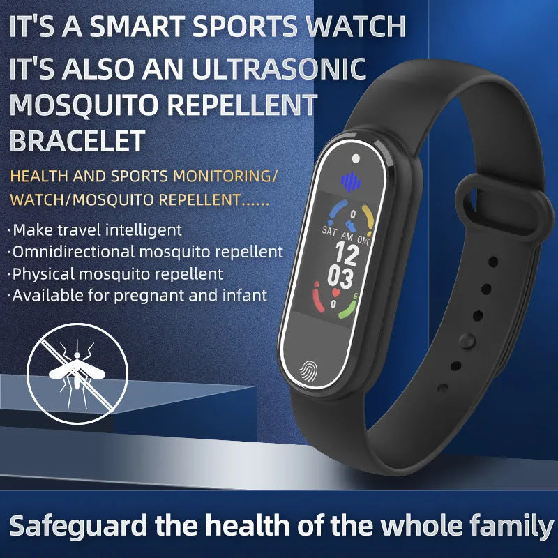 Black and white electronic ultrasonic mosquito repellent bracelet on a wrist.