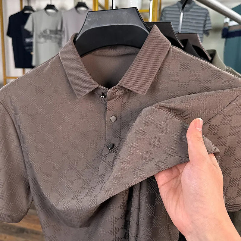 Rhombus thin ice silk short sleeve t-shirt in black, green, or brown with slit design and lightweight fabric
