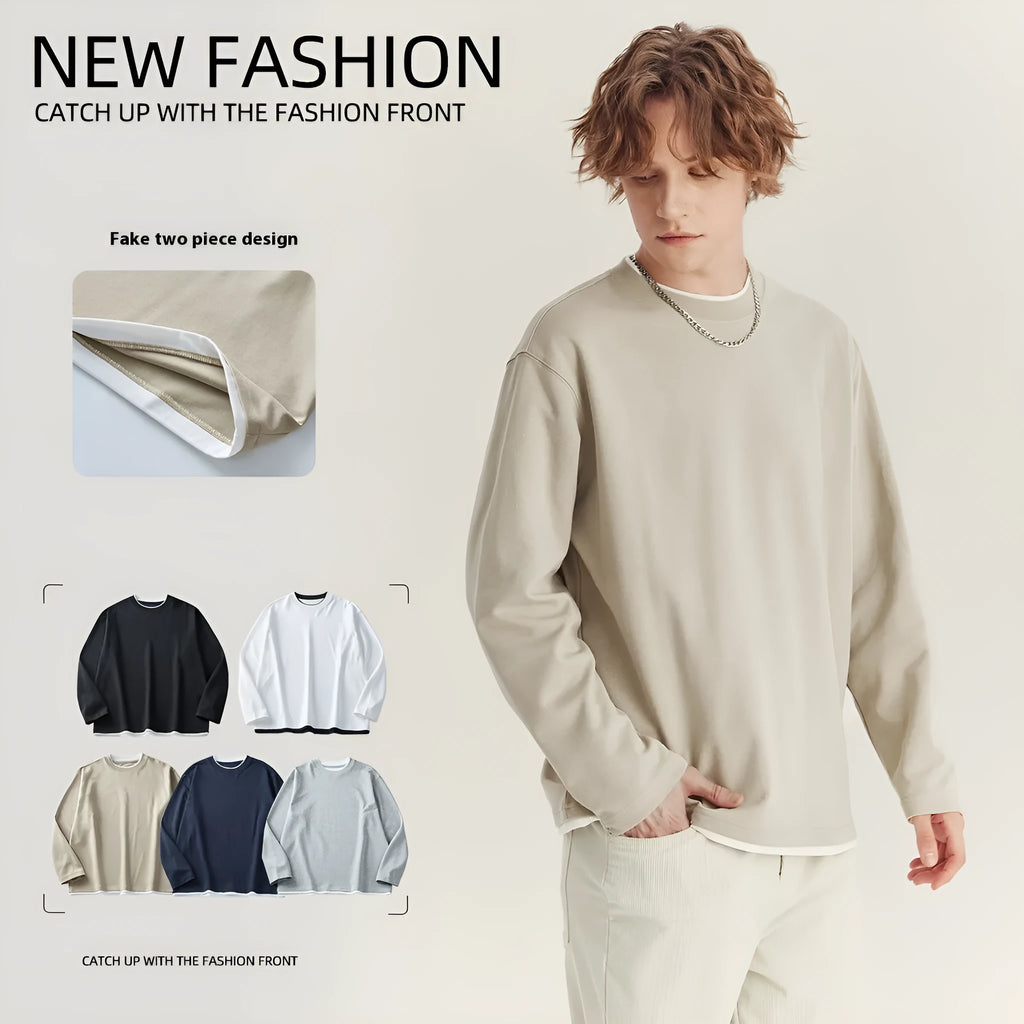 Men's loose fit long-sleeved cotton blend t-shirt on a hanger, shown in solid navy blue colour.