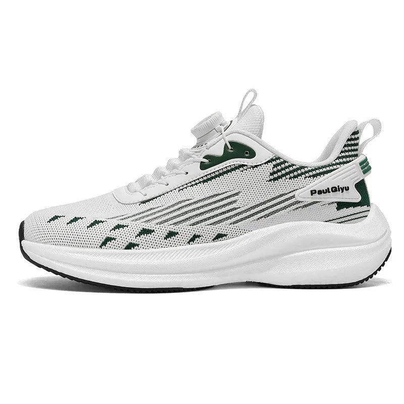 Men's white green Fly-kit mesh running shoes with rotating buckle and TPU sole, low-top design