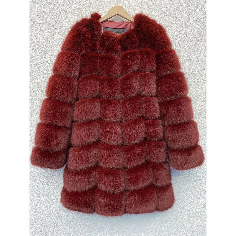 Women's thick artificial fur coat in multiple colours with regular sleeves and 80cm length measurement