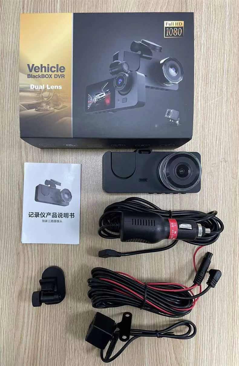 Black 1080P HD car dash cam with wide-angle lens for front and rear recording