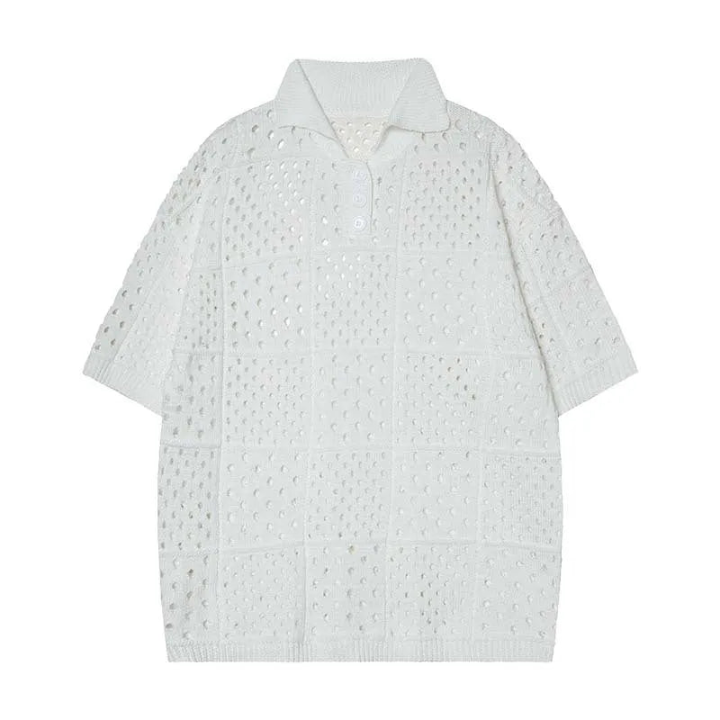 Black and white hollow knit polo shirt with short sleeves and loose cardigan fit