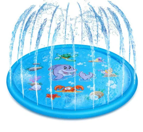 Blue PVC water spray mat for children with marine animal prints, connected to a garden hose.