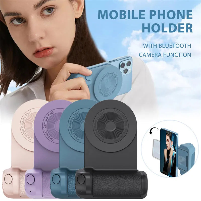 Black magnetic phone holder with rotatable design and PU leather grip on a table