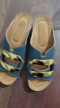 Roman-style platform flip-flops in sea blue with 2.5cm heel and metal decoration on artificial PU upper