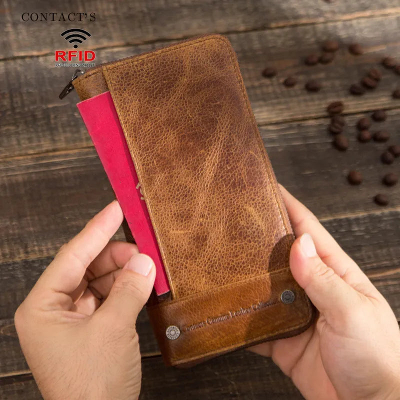 Brown genuine leather men's wallet with card compartments and visible stitching