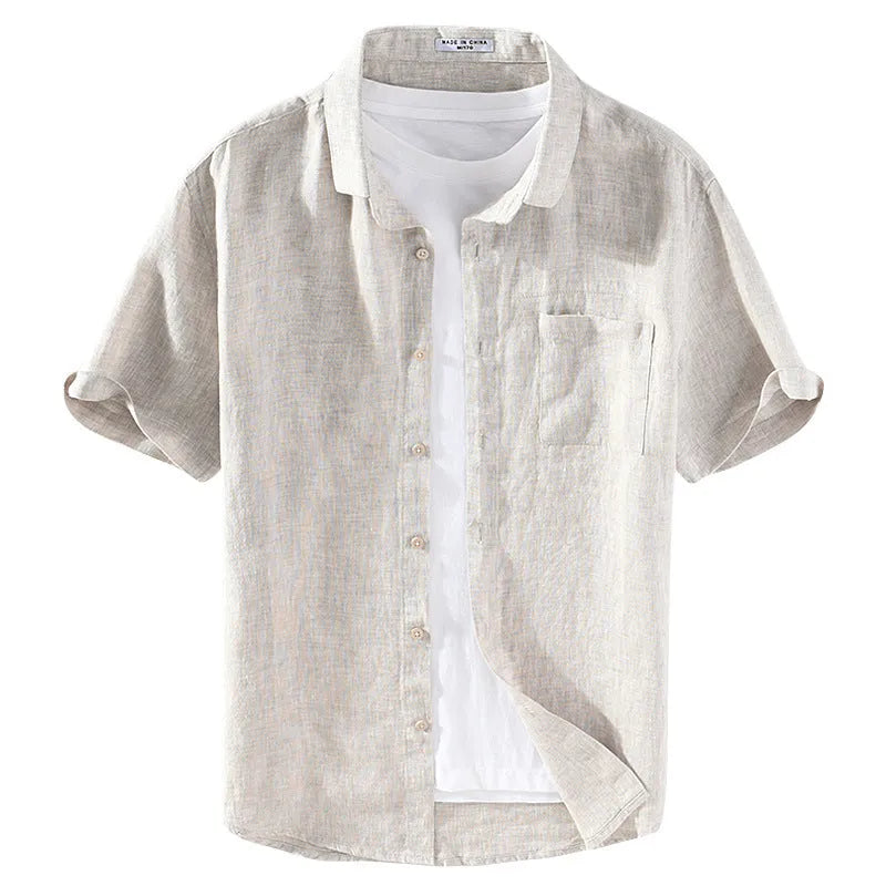 Linen short sleeve casual shirt in raw jute colour with square collar, suitable for male youth wear