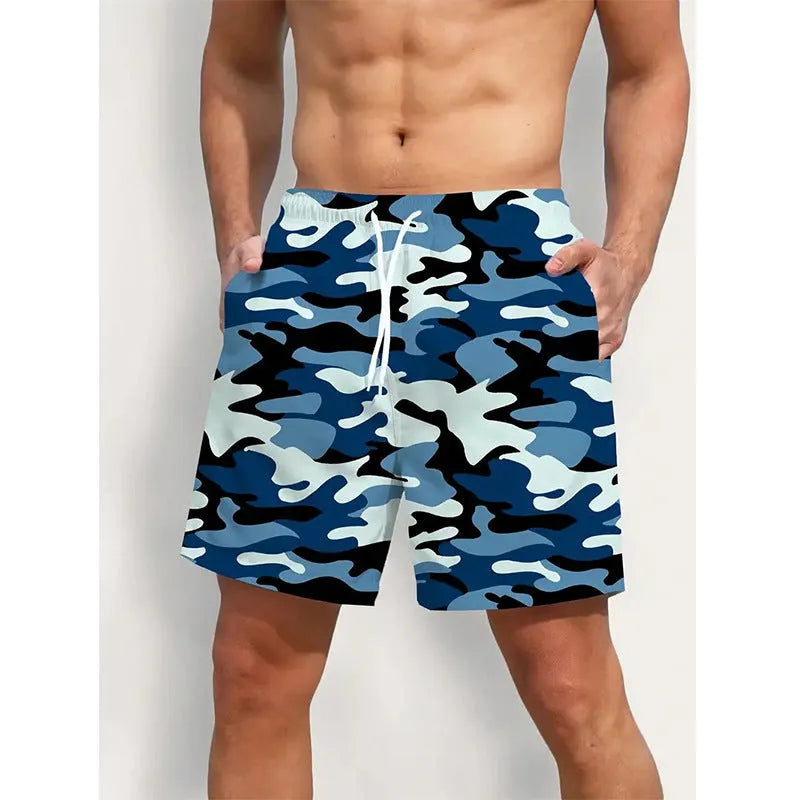 Men's elastic polyester beach shorts in printed streetwear design for travel and swim