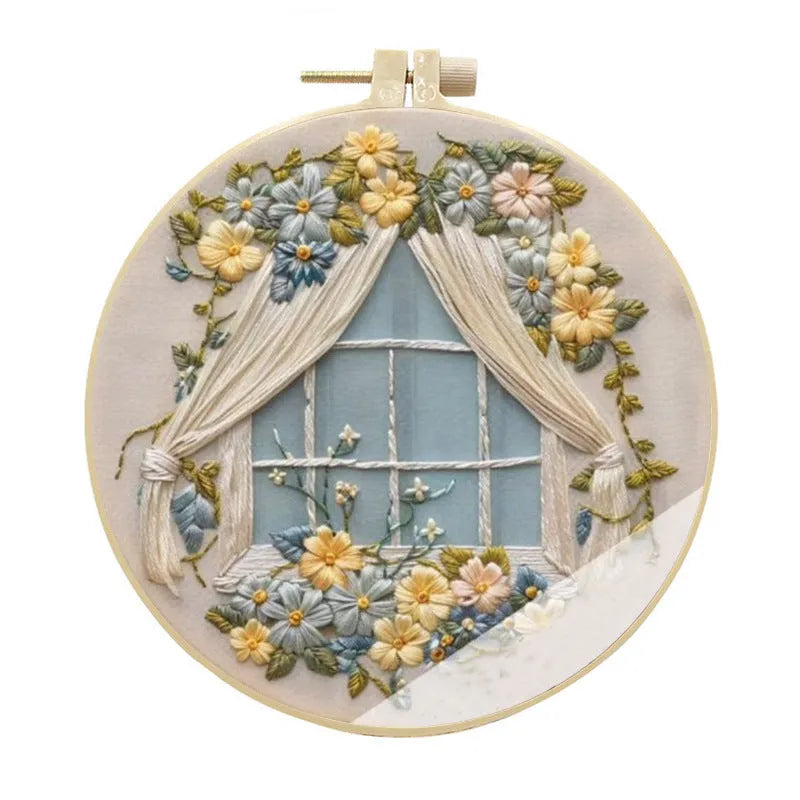 15cm winter house embroidery kit with cotton-linen fabric, bamboo frame, scissors, ripper and threader tools