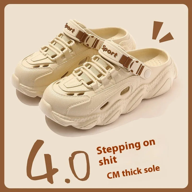 Men's khaki outdoor slippers with hollow-out design and textured EVA non-slip sole