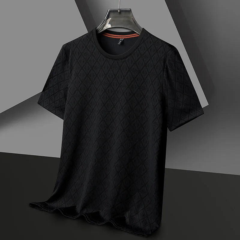 Men's round neck loose-fit jacquard short sleeve shirt in ice silk fabric