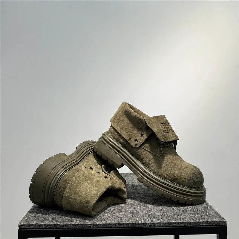 Men's distressed brown cow suede retro worker boots with thick platform sole and two-way laces.