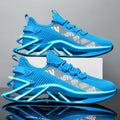 Men's casual exercise shoes with woven mesh upper in black, blue, red, and white colour options showing embroidery details