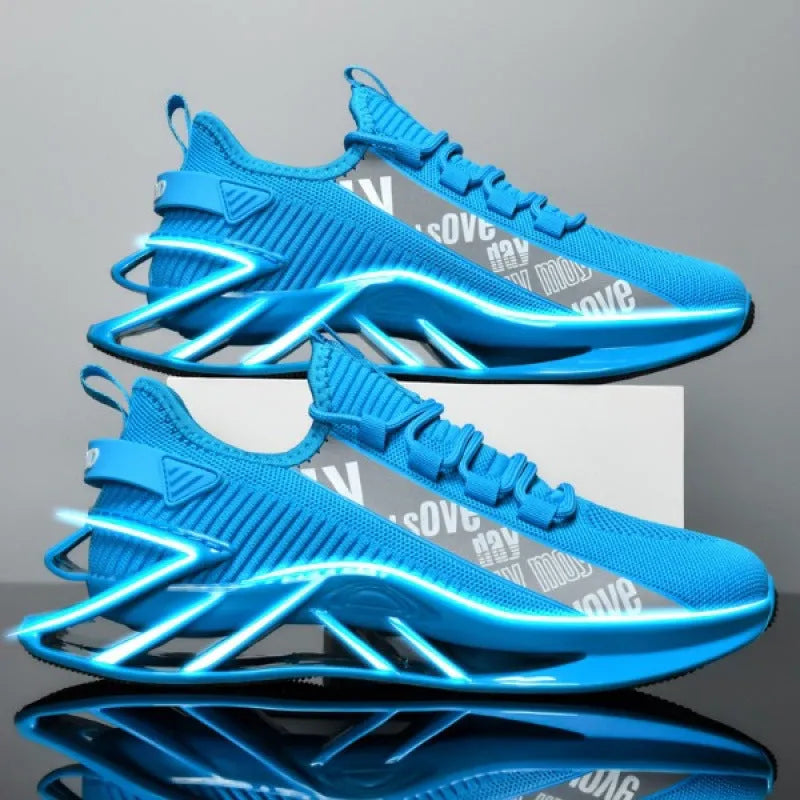 Men's casual exercise shoes with woven mesh upper in black, blue, red, and white colour options showing embroidery details