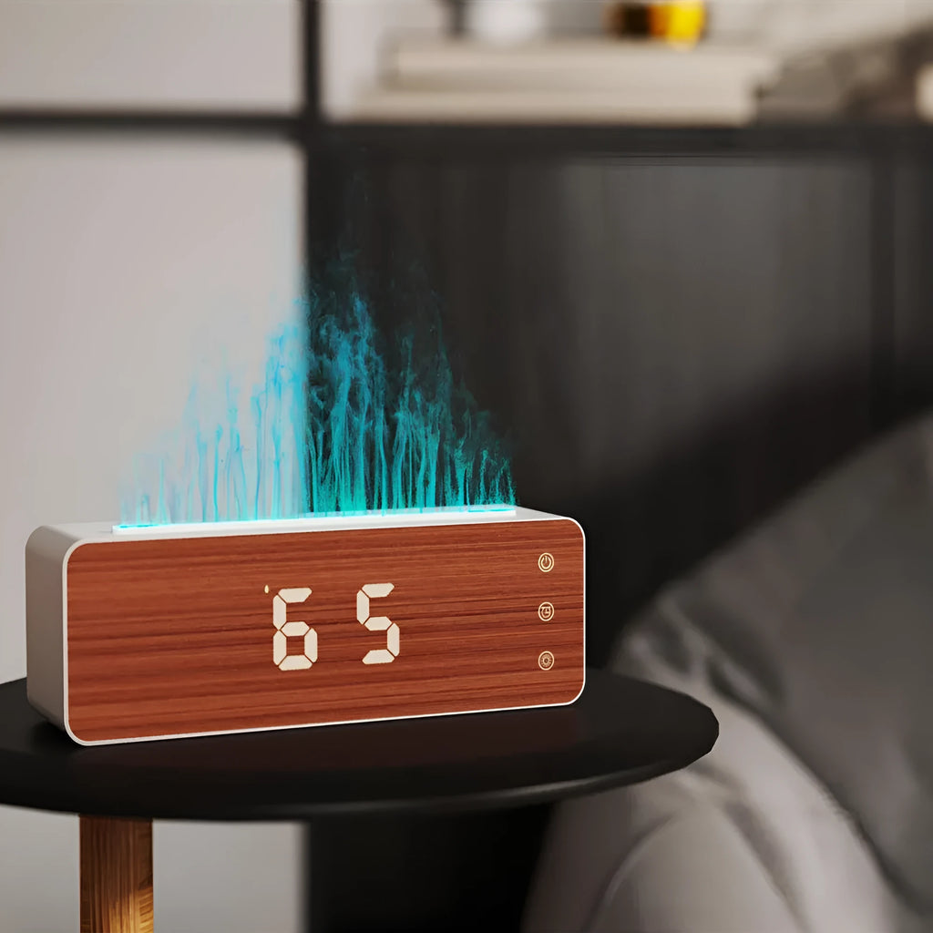 White flame humidifier with clock display, 28 x 8.5 x 9.3 cm, for desktop aromatherapy in bedroom or hotel