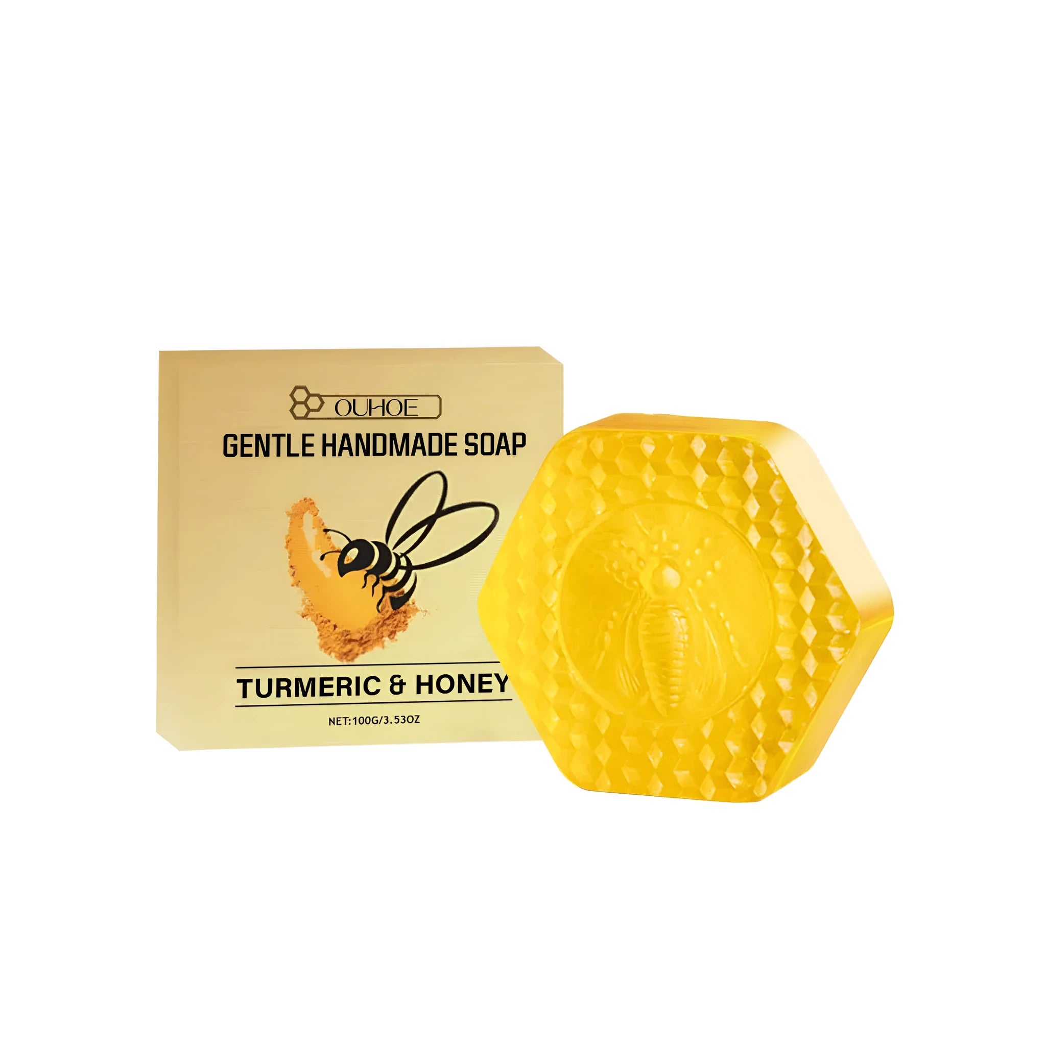 100g bar of turmeric detox soap with honey on a plain background.