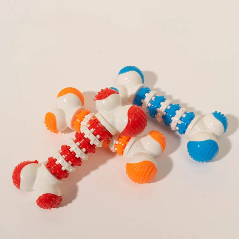 Bone-shaped interactive dog toy in blue, orange, or red for small breed puppies with chewable ends and treat holder