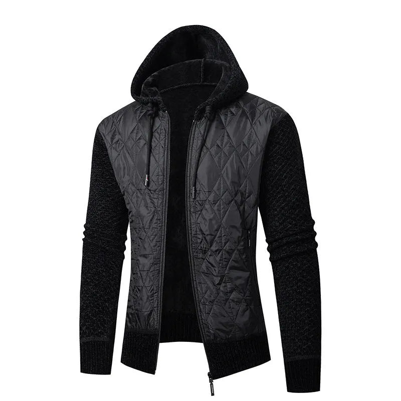 Men's grey hooded sweater coat with cinched style, wool and corduroy fabric, for winter leisure wear.