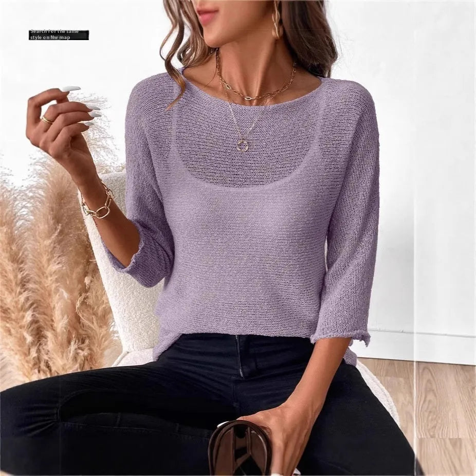 Women's knitted off-shoulder top with 3D pattern and 3/4 sleeves in matcha green colour