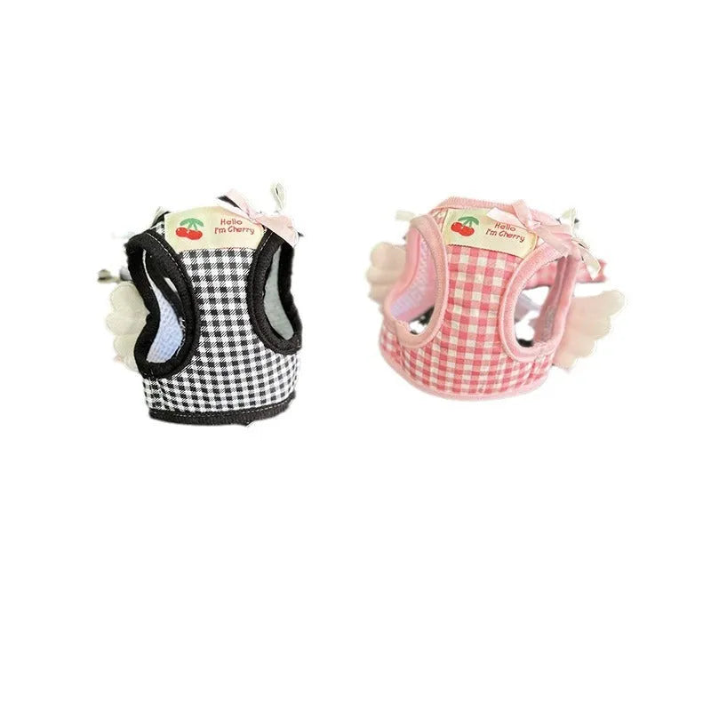 Pink and black cotton chest-back harness for small dogs with hand holding rope, adjustable sizing XS to 2XL