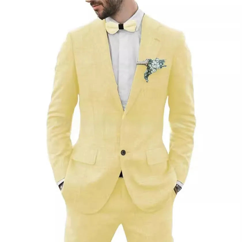 Men's slim fit suit jacket and trousers in a linen hemp blend fabric on a hanger