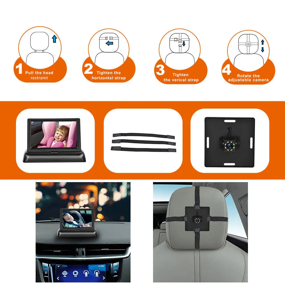 Black folding screen car baby monitor with 4.3-inch display and cigarette lighter power cable.