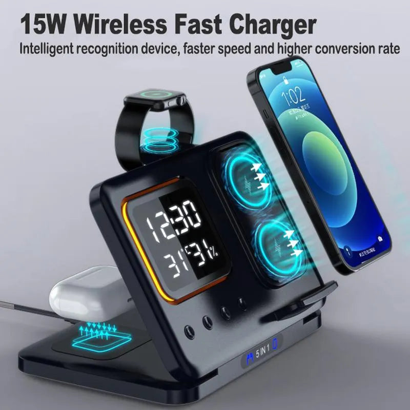 Black and white wireless charging stand with digital clock displaying time and temperature, charging a phone and smartwatch.