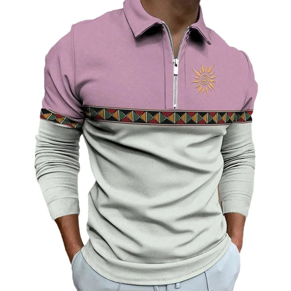 Men's loose-fit long-sleeve polyester t-shirt with stripe pattern and zipper decorations in multiple colour options