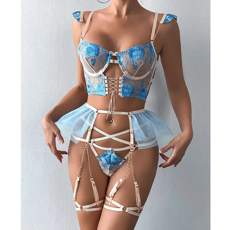 Embroidered underwear set with transparent push-up bra and pants in light blue or purple, lace fabric, sizes S M L