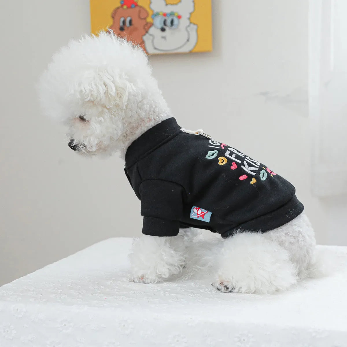 Casual kiss pattern pet sweater for dogs and cats shown in a universal fit design.