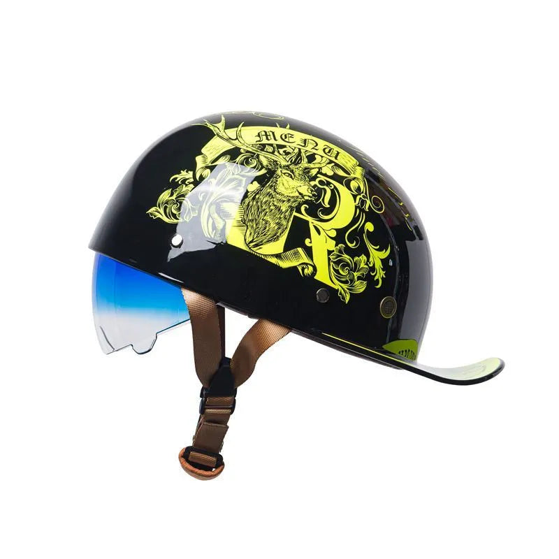 Retro half-shell electric bicycle helmet in bright black gradient blue colour with ABS construction