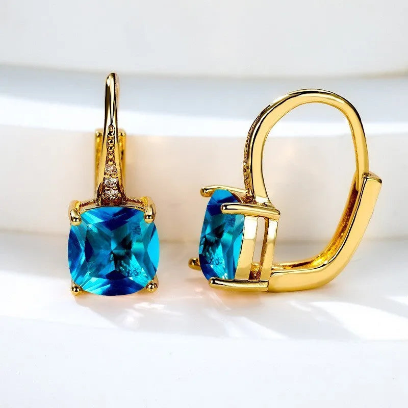 Geometric round ear hook earrings with square zircon inlay in electroplated copper construction