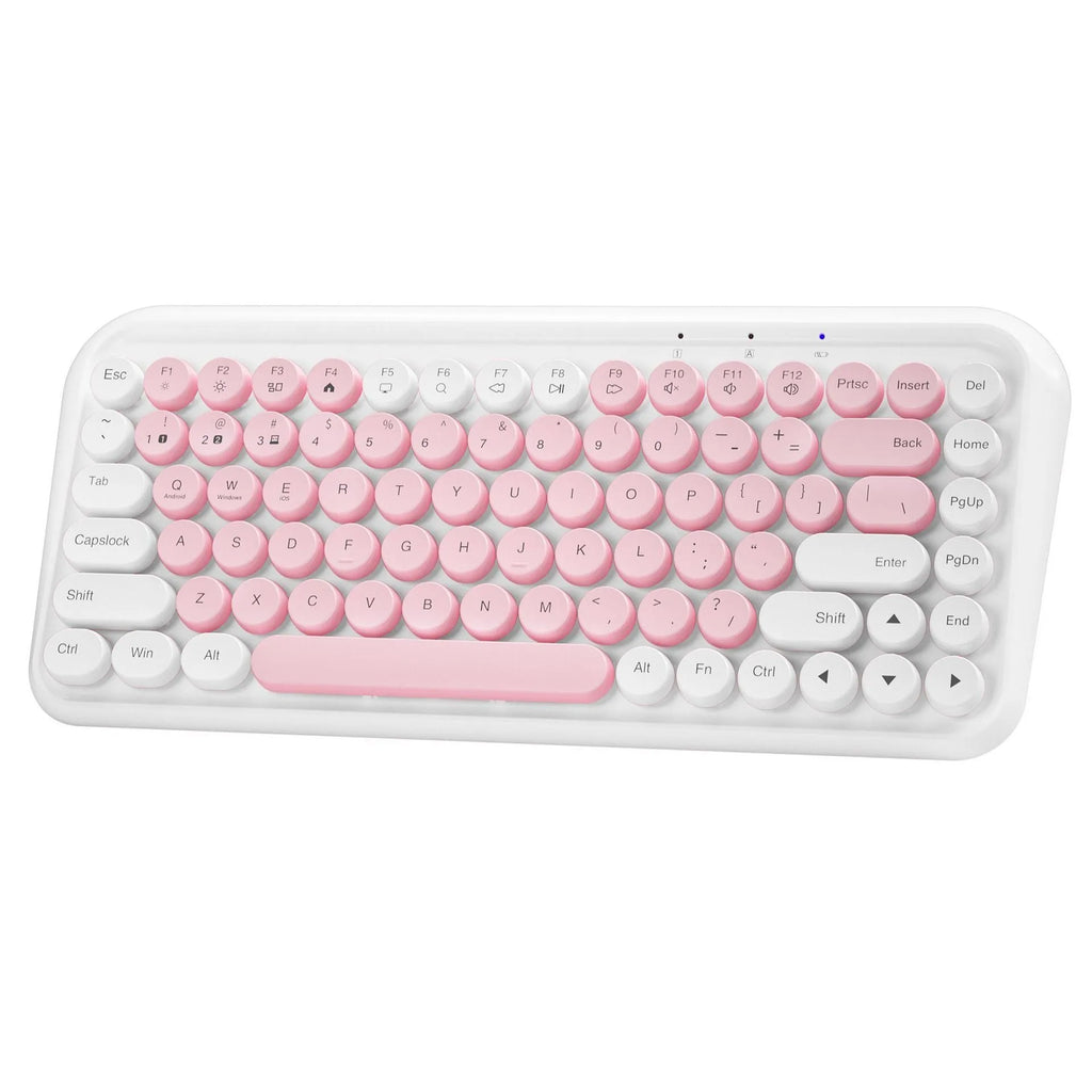 Pink wireless Bluetooth keyboard with 84 keys measuring 339mm wide, featuring crater architecture buttons for quiet typing
