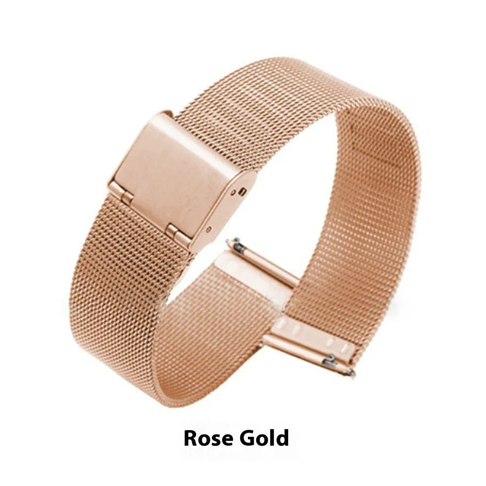 Milani silk woven stainless steel watch band showing textured pattern and available in silver, black, rose gold, gold colours
